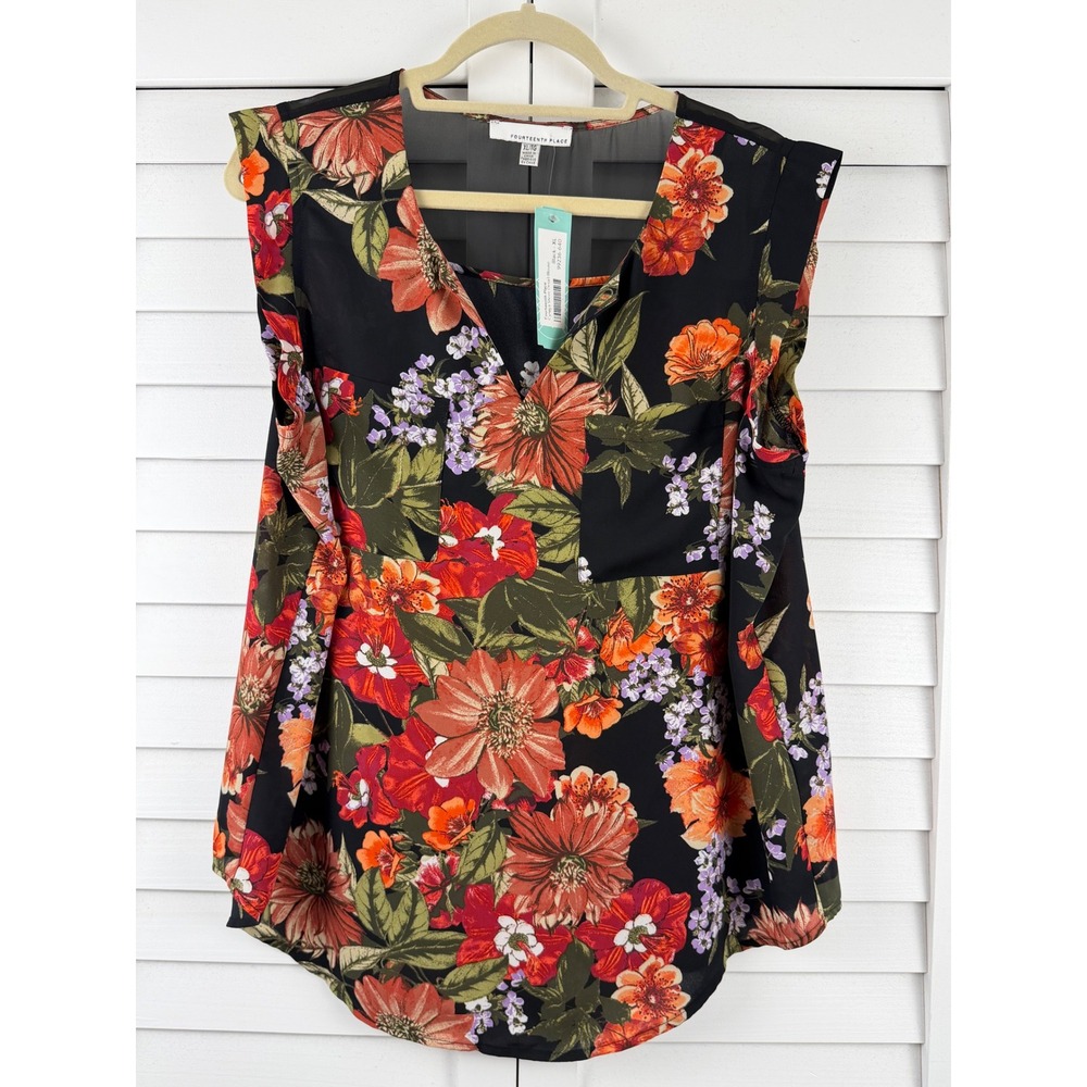 Fourteenth Place Cynara Blouse XL Black Floral Sheer Detail NEW‎